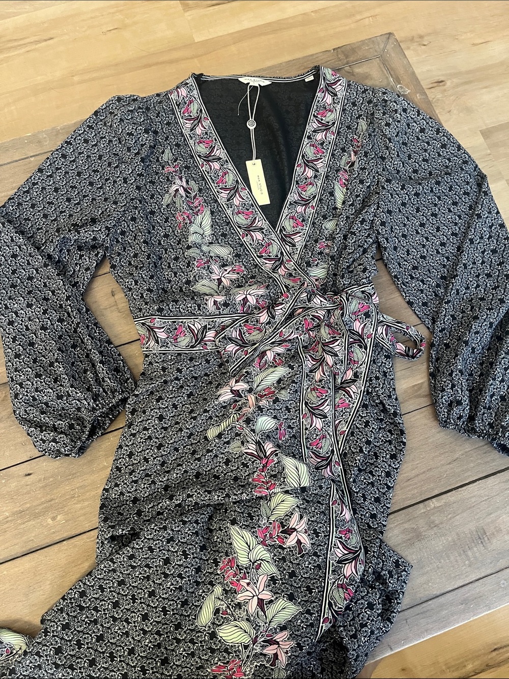 Max Studio Black Floral Wrap Dress with Pink & Green Accents